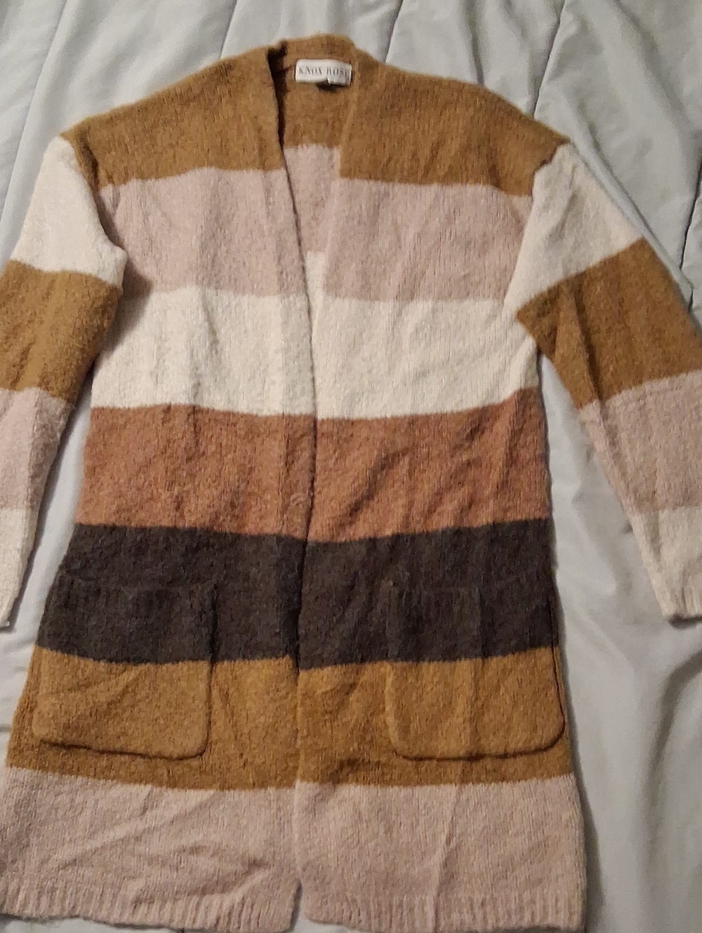 Knox Rose Striped Open Cardigan in Mustard, Cream & Brown Tones